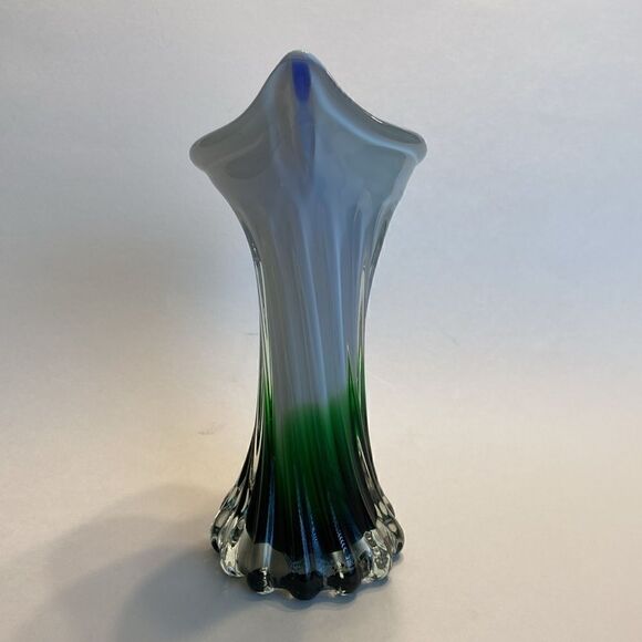 Hand Blown Art Glass Swirled Vase 8” Blue White Green - Picture 6 of 11